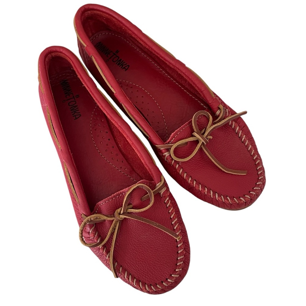 Minnetonka Red Soft Leather Moccasins Loafers Women’s Sz 10 Tan Leather Laces - Picture 7 of 10